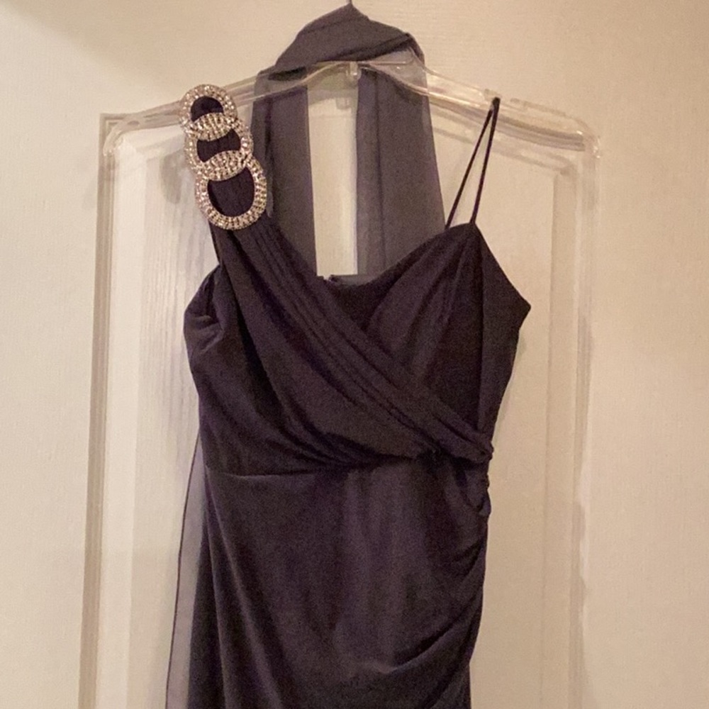 Grey long dress with sheer scarf.  Great for prom or wedding